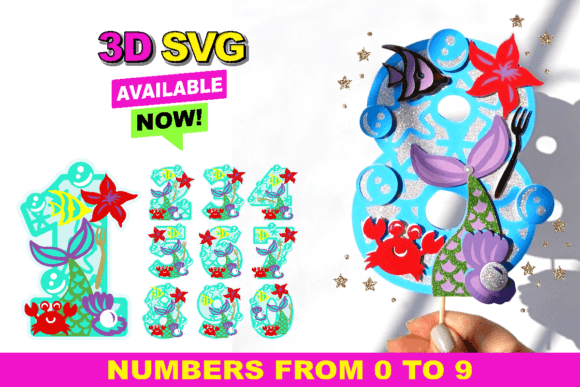 Mermaid Numbers 3D SVG for Laser Cutting Birthday Branding